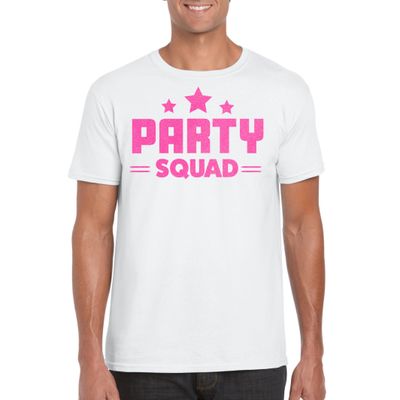 Verkleed T-shirt voor heren - party squad - wit - roze glitter - carnaval/themafeest Verkleed T-shirt voor heren - party squad - wit - roze glitter - carnaval/themafeest