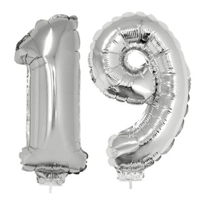 19 jaar leeftijd feestartikelen - versiering cijfers - ballonnen op stokje - van 41 cm - zilver 19 jaar leeftijd feestartikelen - versiering cijfers - ballonnen op stokje - van 41 cm - zilver