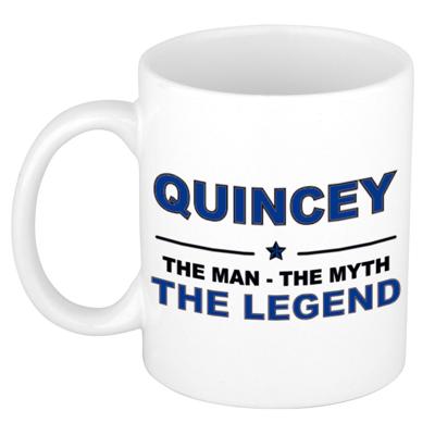 Quincey cadeau mok - man myth legend - naam koffiemok / beker - wit en blauw - 300 ml