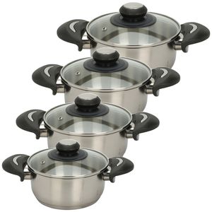 Excellent Houseware Kookpannen set - 4x - glazen deksel - RVS - 1.8/2.7/3.5/5.4 liter