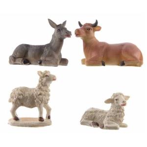 Kerststal dierenbeeldjes - 4x stuks - os - ezel - schapen - 9 cm - polystone