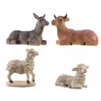 Kerststal dierenbeeldjes - 4x stuks - os - ezel - schapen - 9 cm - polystone