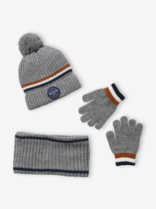 Set muts + snood + handschoenen voor jongens van geribbeld tricot grijs