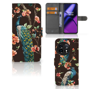 OnePlus 11 Telefoonhoesje met Pasjes Pauw met Bloemen