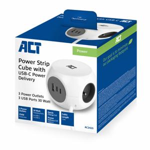 ACT Connectivity Stekkerdoos kubus met 3 stopcontacten, 30W Power Delivery USB-C/A poorten, kabellengte 1,5m