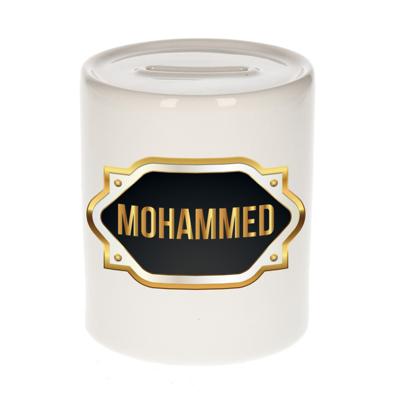 Spaarpot met voornaam Mohammed - wit - goud/zwart embleem - 8 x 9 cm - keramiek - afsluitdop