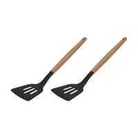 Excellent Houseware Bakspatel bakspaan - 2x - zwart kunststof - acacia hout - 32 cm - Keukengerei