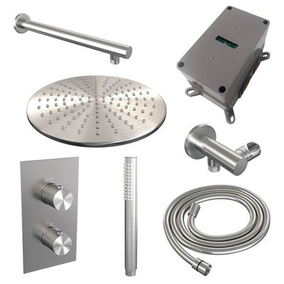 Regendoucheset Inbouw Brauer Shared Carving Thermostatisch 30 cm met 3-Weg Omstelling, Wandarm en Staaf Handdouche Geborsteld RVS Brauer