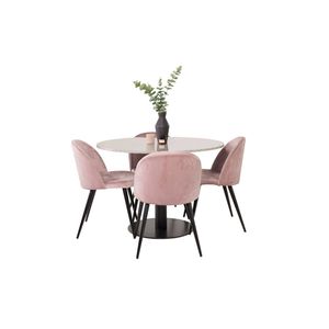 RazziaGR eethoek eetkamertafel terazzo grijs en 4 Velvet eetkamerstal velours roze, zwart.