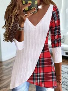 Color Block Plaid Printed Christmas V Neck Texture Casual Top