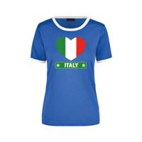 Italy blauw/wit ringer t-shirt - Italie vlag in hartje - voor dames