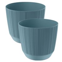 2x stuks moderne carf-stripe plantenpot/bloempot kunststof dia 19.5 cm/hoogte 17 cm stone blauw