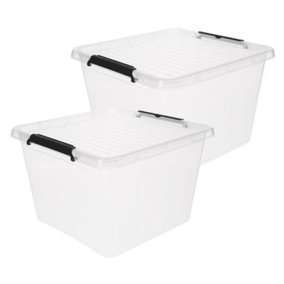 5Five opberg kist met deksel - 2x - Clip Box - 32 liter - 39 x 39 x 26 cm - kunststof - transparant
