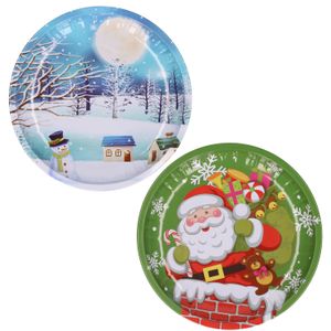 Kerst borden - 2x st - 26 cm - metaal - kerst thema -groen en blauw - kerstservies bordjes