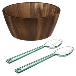 Secret de Gourmet Slakom/serveerschaal met kunststof slacouvert - Acacia hout - D28 cm - Saladeschalen