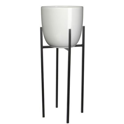 Bloempot D25 cm wit met plantenpot verhoger zwart/metaal van 55 cm