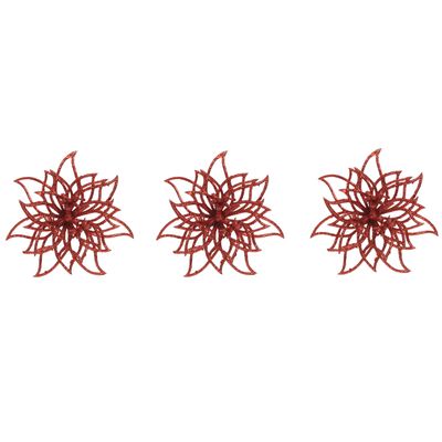 3x stuks decoratie bloemen kerstster rood glitter op clip 14 cm