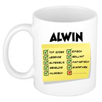 Naam mok Alwin - wit - top gozer - keramiek - 300 ml - cadeau collega beker