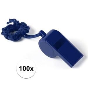Fluitjes van kunststof - Multipack van 100x stuks - blauw - aan koordje - herrie maken - sport