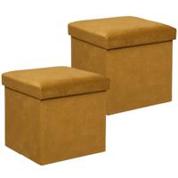 Poef/krukje/hocker Amber - 2x - Opvouwbare zit opslag box - fluweel Okergeel - D38 x H38 cm