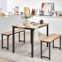 Eettafel met 2 Banken Keukentafel voor 2-4 Personen met Roestvrij Metalen Frame 3-Delige Set voor Keuken/Woonkamer Natuur - thumbnail