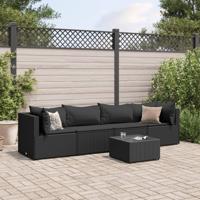 5-delige Loungeset met kussens poly rattan zwart