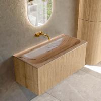 Badmeubel Mondiaz Kurve-Dlux | 100 cm | Meubelkleur Oak | Wastafelkleur Arena | Solid surface | Wasbak midden spoelbak | Zonder kraangat(en)