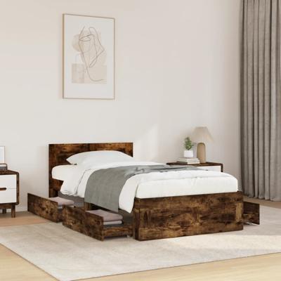 Bedframe met hoofdbord bewerkt hout gerookt eiken 75x190 cm