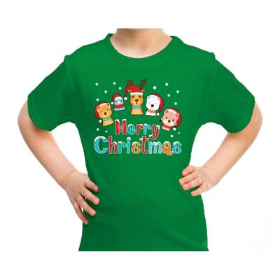 Kersttrui t-shirt - kinderen - dierenvriendjes - Merry christmas - groen - kerstkleding