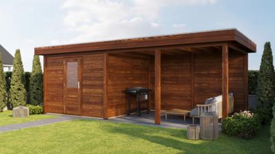 Lugarde Select Modern tuinhuis met overkapping Lelystad 300x300cm + 400cm - Bruine olie- Plat dak- - Lugarde Select