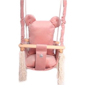 Luxe houten handgemaakte roze baby schommel en kinder schommel met beer oor vormig kussen