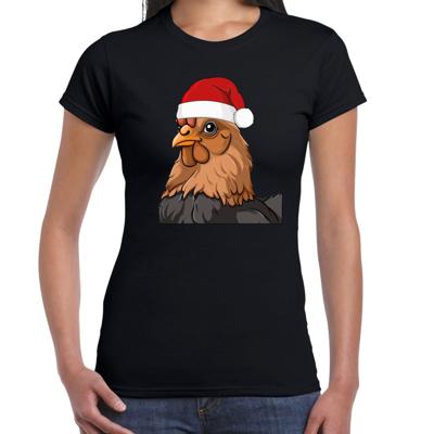 Kerst T-shirt voor dames - kip met kerstmuts - zwart - Kerstfeest Kerst T-shirt voor dames - kip met kerstmuts - zwart - Kerstfeest