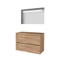 Basic-Line Economic 46 Badkamermeubelset - 100 x 46 cm - Greeploos - 2 Lades - Wastafelblad - Spiegel met LED Verlichting - Whisky Oak