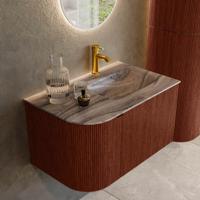 Badmeubel Mondiaz Kurve-Dlux | 75 cm | Meubelkleur Ruby | Wastafelkleur Sombra | Solid surface | Wasbak rechter zijde spoelbak | 1 kraangat
