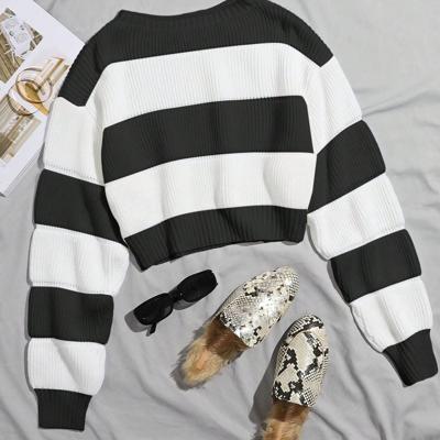 Bon&Bon Hot Pink Ribbed Knit Crop Sweater - Casual Drop Shoulder Pullover Black and White / XL