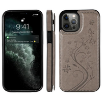 iPhone 15 Pro hoesje - Backcover - Pasjeshouder - Portemonnee - Bloemenprint - Kunstleer - Grijs - thumbnail