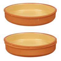 Tapas serveerschaal - 2x stuks - terracotta - geel - D23 x H4 cm - hapjes serveren - ovenschaal - ro