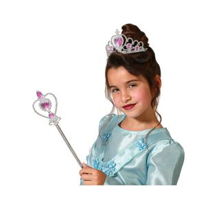 Atosa Carnaval verkleed Tiara/diadeem - Prinsessen kroontje met toverstokje - zilver/roze - meisjes   -