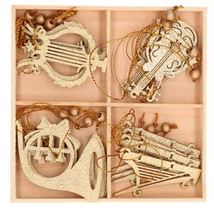 16x Houten kersthangers muziekinstrumenten ornamenten goud 6-7 cm