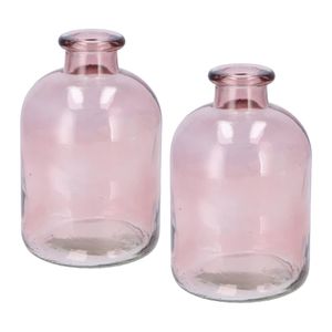 Bloemenvaas fles model - 2x - helder gekleurd glas - zacht roze - D11 x H17 cm