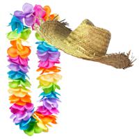 Carnaval verkleedset - Tropical Hawaii party - strohoed - en volle bloemenslinger multi colours