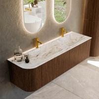 Badmeubel Mondiaz Kurve-Dlux | 155 cm | Meubelkleur Walnut | Wastafelkleur Glace | Solid surface | Dubbele spoelbak | 2 kraangaten