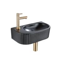 QeramiQ Fuente Fonteinset - 40x21.5x12cm - links - geribbeld - halfrond - 1 kraangat - keramiek - fonteinkraan geborsteld messing - afvoerplug - verlaagd sifon - zwart mat SW1209548/SW696208/SW696218/SW696238