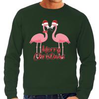 Foute Kersttrui/sweater voor heren - Merry Christmas - groen - flamingo's - thumbnail