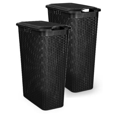 Smalle Wasmand met deksel Rotan - 2x - zwart - gevlochten kunststof - 48 liter - 27 x 46 x 60 cm