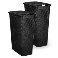 Smalle Wasmand met deksel Rotan - 2x - zwart - gevlochten kunststof - 48 liter - 27 x 46 x 60 cm Smalle Wasmand met deksel Rotan - 2x - zwart - gevlochten kunststof - 48 liter - 27 x 46 x 60 cm