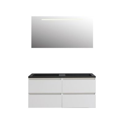 Badkamermeubel BWS Pepper Acryl Wastafel Mat Zwart Incl Spiegel Met LED Verlichting Met 2 Kraangaten 120x55x46 cm Wit
