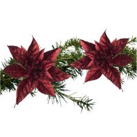 Kerstboomversiering Kerstster - 2x - 15 cm - rood glitter - op clip