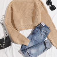 Bon&Bon Hot Pink Ribbed Knit Crop Sweater - Casual Drop Shoulder Pullover Khaki / XL