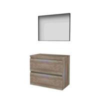Basic-Line Framed 46 Badkamermeubelset - 80 x 46 cm - Greeploos - 2 Lades - Wastafelblad - Spiegel met Zwart Aluminium Frame - Scotch Oak